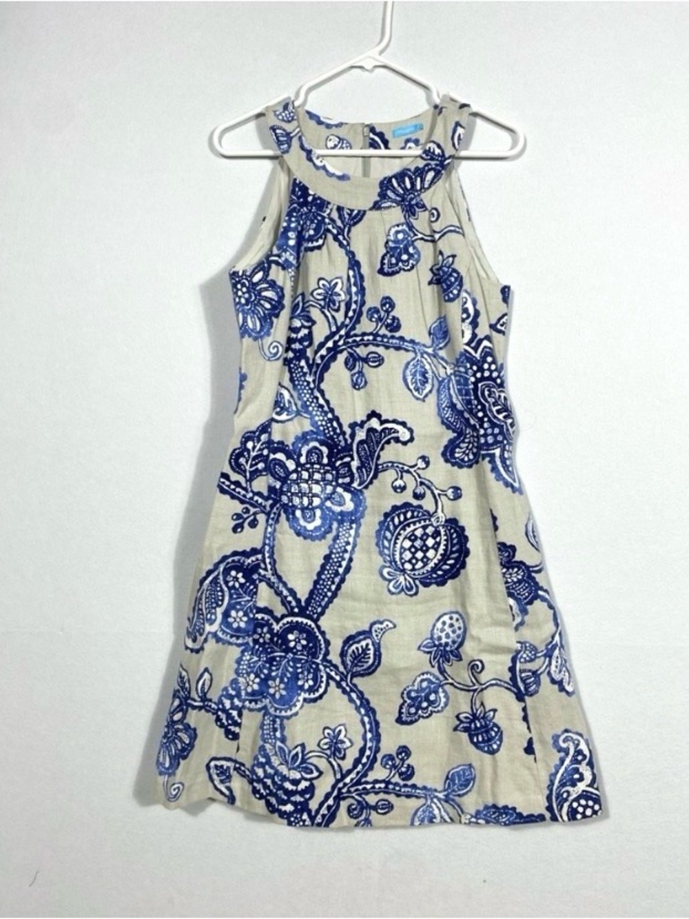 J. McLaughlin Edie Halter Linen Sleeveless Dress beige and blue floral print 6